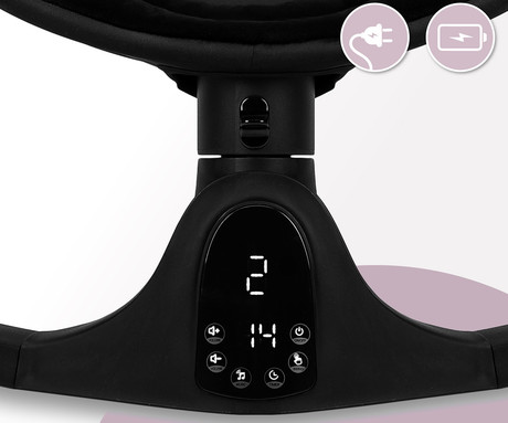 MoMi KENANI ONYX 2v1 otroški gugalnik / zibelka, električni, Bluetooth, 5 načinov zibanja, nastavljiv časovnik, melodije, lok z igračami, varnostni pas, daljinski upravljalnik, črn (Onyx)