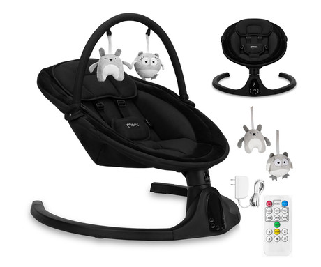 MoMi KENANI ONYX 2v1 otroški gugalnik / zibelka, električni, Bluetooth, 5 načinov zibanja, nastavljiv časovnik, melodije, lok z igračami, varnostni pas, daljinski upravljalnik, črn (Onyx)