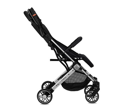MoMi ESTELLE LIGHT otroški voziček, zložljiv, nastavljiv, streha, varnostni pas, košara, trpežna EVA kolesa, nožna zavora, 105x75x51cm, črno-srebrn