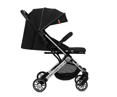 MoMi ESTELLE LIGHT otroški voziček, zložljiv, nastavljiv, streha, varnostni pas, košara, trpežna EVA kolesa, nožna zavora, 105x75x51cm, črno-srebrn