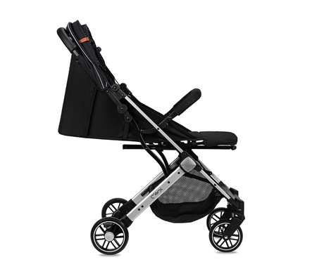MoMi ESTELLE LIGHT otroški voziček, zložljiv, nastavljiv, streha, varnostni pas, košara, trpežna EVA kolesa, nožna zavora, 105x75x51cm, črno-srebrn