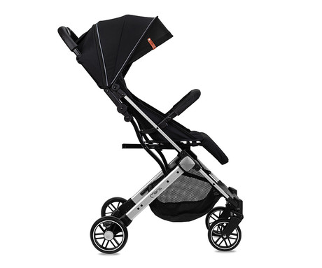 MoMi ESTELLE LIGHT otroški voziček, zložljiv, nastavljiv, streha, varnostni pas, košara, trpežna EVA kolesa, nožna zavora, 105x75x51cm, črno-srebrn
