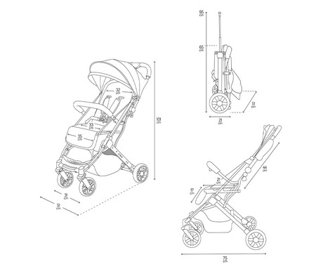 MoMi ESTELLE LIGHT otroški voziček, zložljiv, nastavljiv, streha, varnostni pas, košara, trpežna EVA kolesa, nožna zavora, 105x75x51cm, sivo-srebrn