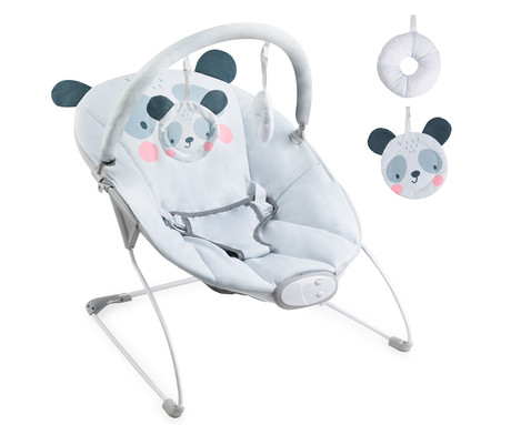 MoMi GLOSSY otroški gugalnik / zibelka, panda, 8 melodij, 3 stopnje vibriranja, igrače, varnostni pasovi, siva