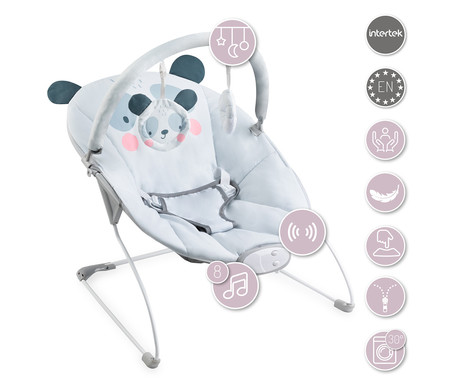 MoMi GLOSSY otroški gugalnik / zibelka, panda, 8 melodij, 3 stopnje vibriranja, igrače, varnostni pasovi, siva