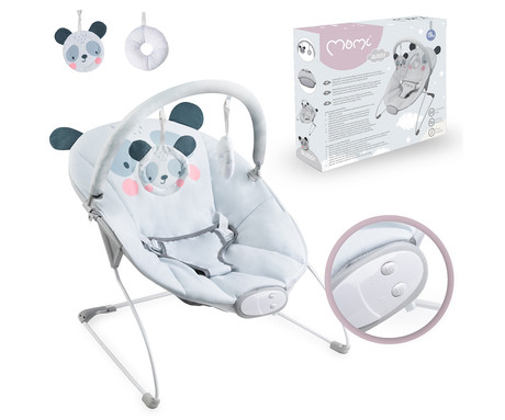 MoMi GLOSSY otroški gugalnik / zibelka, panda, 8 melodij, 3 stopnje vibriranja, igrače, varnostni pasovi, siva