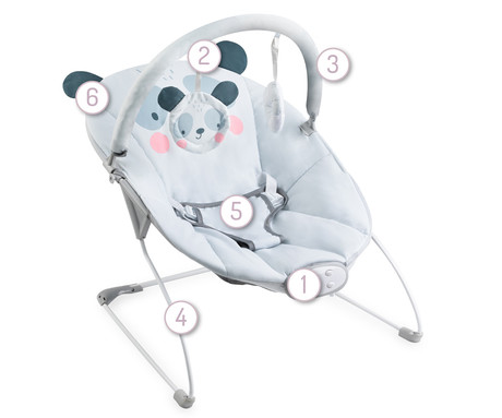 MoMi GLOSSY otroški gugalnik / zibelka, panda, 8 melodij, 3 stopnje vibriranja, igrače, varnostni pasovi, siva
