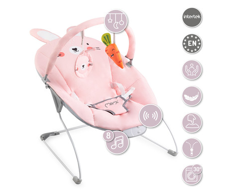 MoMi GLOSSY otroški gugalnik / zibelka, zajec, 8 melodij, 3 stopnje vibriranja, igrače, varnostni pasovi, roza