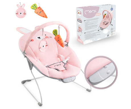 MoMi GLOSSY otroški gugalnik / zibelka, zajec, 8 melodij, 3 stopnje vibriranja, igrače, varnostni pasovi, roza