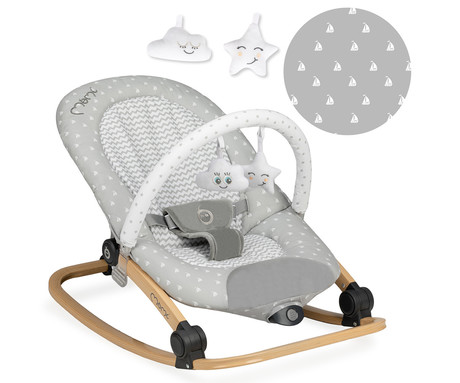 MoMi LUMIWOOD STAR otroški gugalnik / zibelka, melodije, 3 stopnje vibriranja, igrače, varnostni pasovi, zložljiv, les, siva, rjava