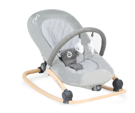 MoMi LUMIWOOD GRAY otroški gugalnik / zibelka, melodije, 3 stopnje vibriranja, igrače, varnostni pasovi, zložljiv, les, siva, rjava