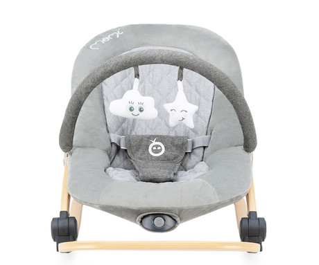 MoMi LUMIWOOD GRAY otroški gugalnik / zibelka, melodije, 3 stopnje vibriranja, igrače, varnostni pasovi, zložljiv, les, siva, rjava
