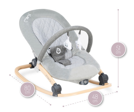MoMi LUMIWOOD GRAY otroški gugalnik / zibelka, melodije, 3 stopnje vibriranja, igrače, varnostni pasovi, zložljiv, les, siva, rjava