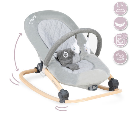 MoMi LUMIWOOD GRAY otroški gugalnik / zibelka, melodije, 3 stopnje vibriranja, igrače, varnostni pasovi, zložljiv, les, siva, rjava