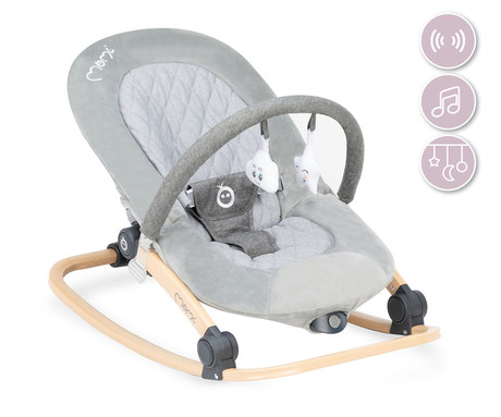 MoMi LUMIWOOD GRAY otroški gugalnik / zibelka, melodije, 3 stopnje vibriranja, igrače, varnostni pasovi, zložljiv, les, siva, rjava