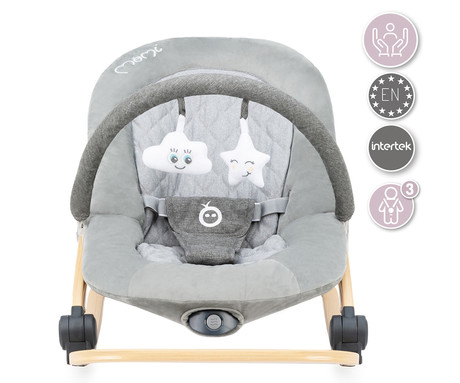 MoMi LUMIWOOD GRAY otroški gugalnik / zibelka, melodije, 3 stopnje vibriranja, igrače, varnostni pasovi, zložljiv, les, siva, rjava