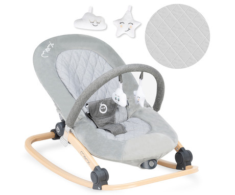 MoMi LUMIWOOD GRAY otroški gugalnik / zibelka, melodije, 3 stopnje vibriranja, igrače, varnostni pasovi, zložljiv, les, siva, rjava