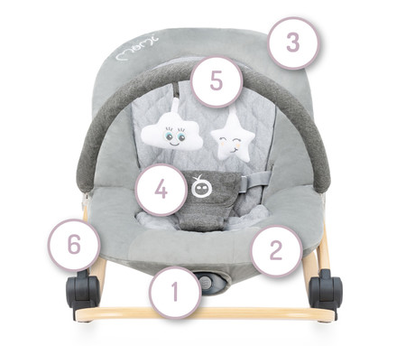 MoMi LUMIWOOD GRAY otroški gugalnik / zibelka, melodije, 3 stopnje vibriranja, igrače, varnostni pasovi, zložljiv, les, siva, rjava