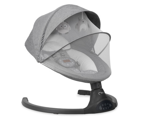 MoMi KENANI 2v1 otroški gugalnik / zibelka, električni, Bluetooth, 5 načinov zibanja, 10 melodij, časovnik, igrače, strehica, mreža, varnostni pasovi, zložljiv, +daljinec, temno siva