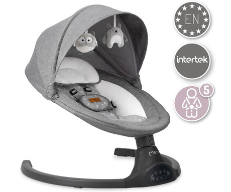 MoMi KENANI 2v1 otroški gugalnik / zibelka, električni, Bluetooth, 5 načinov zibanja, 10 melodij, časovnik, igrače, strehica, mreža, varnostni pasovi, zložljiv, +daljinec, temno siva