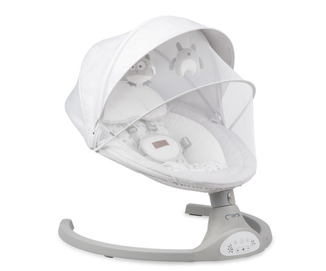 MoMi KENANI 2v1 otroški gugalnik / zibelka, električni, Bluetooth, 5 načinov zibanja, 10 melodij, časovnik, igrače, strehica, mreža, varnostni pasovi, zložljiv, +daljinec, svetlo siva