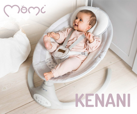 MoMi KENANI 2v1 otroški gugalnik / zibelka, električni, Bluetooth, 5 načinov zibanja, 10 melodij, časovnik, igrače, strehica, mreža, varnostni pasovi, zložljiv, +daljinec, svetlo siva