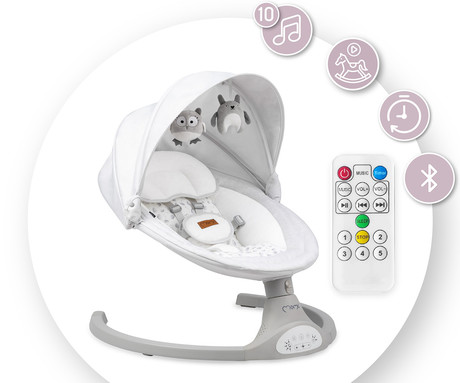MoMi KENANI 2v1 otroški gugalnik / zibelka, električni, Bluetooth, 5 načinov zibanja, 10 melodij, časovnik, igrače, strehica, mreža, varnostni pasovi, zložljiv, +daljinec, svetlo siva