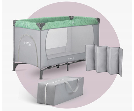 MoMi BELOVE otroška postelja, potovalna, zložljiva, zaščita pred samodejnim zlaganjem, zaščiteni vogali, kroženje zraka, vhod z zadrgo, torba, 125x78x65 cm, zeleno-siva