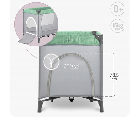 MoMi BELOVE otroška postelja, potovalna, zložljiva, zaščita pred samodejnim zlaganjem, zaščiteni vogali, kroženje zraka, vhod z zadrgo, torba, 125x78x65 cm, zeleno-siva