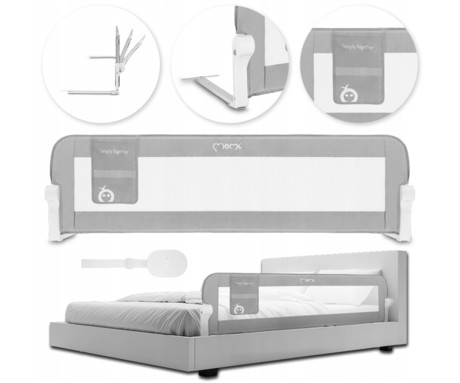 MoMi LEXI PLUS otroška ograja za posteljo, varovalna, univerzalna, 180° odpiranje, funkcija zaklepanja, žep za shranjevanje, zračna tkanina, 148x58x30cm, siva