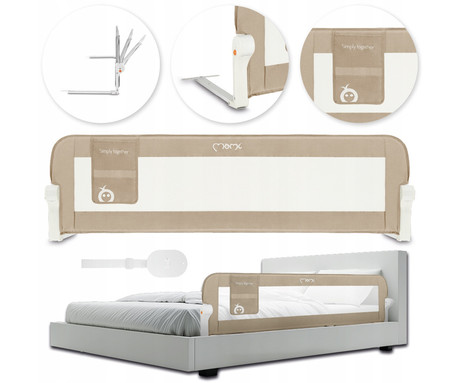 MoMi LEXI PLUS otroška ograja za posteljo, varovalna, univerzalna, 180° odpiranje, funkcija zaklepanja, žep za shranjevanje, zračna tkanina, 148x58x30cm, bež