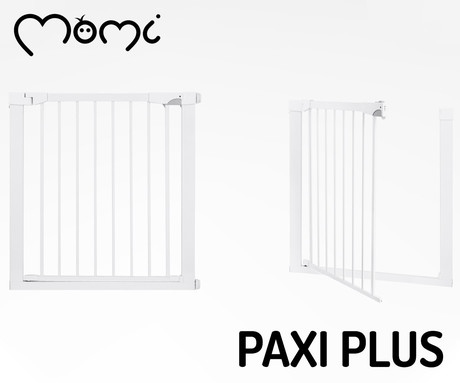 MoMi PAXI PLUS otroška varnostna vrata, ograja / pregrada, 75-103cm, 2x podaljšek, nastavljiva širina, odpiranje v obe smeri, moderna oblika, visokokakovostni materiali, bela